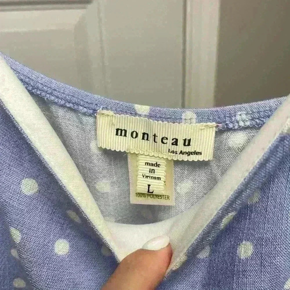 Monteau Blue Polka Dot Sundress Spaghetti Strap Elastic Back‎ Tiered Size L - Picture 3 of 3